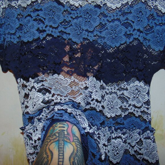 Eva Franco Anthropologie Sheer Striped Lace Peplum Top Blouse Size S Navy Blue - Picture 6 of 6